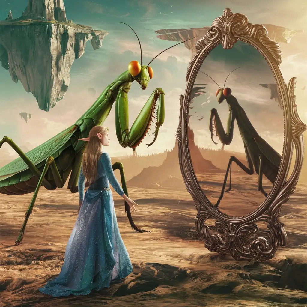 a princess elf, looking at the mirror, seeing a mantis instead of herself. on a foreign planet