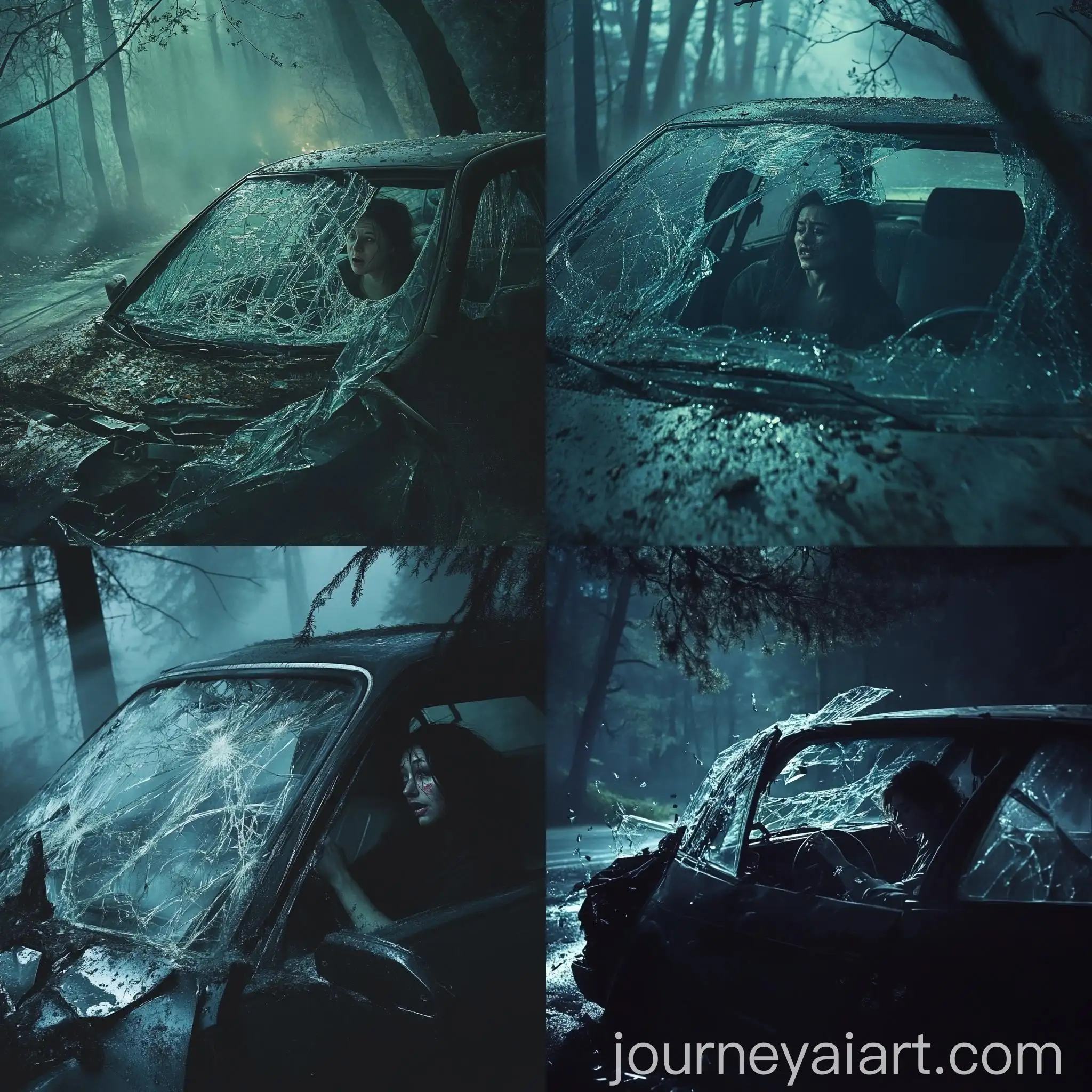 Foggy-Night-Car-Crash-Scene-Woman-Struggles-to-Escape