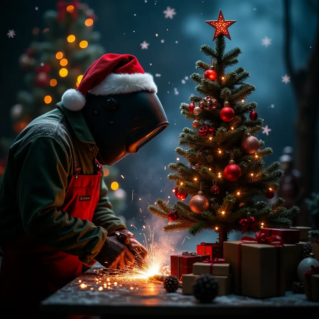 welder welding next to a decorated Christmas tree with a Christmas hat on his head, snowflakes falling in the background, light background