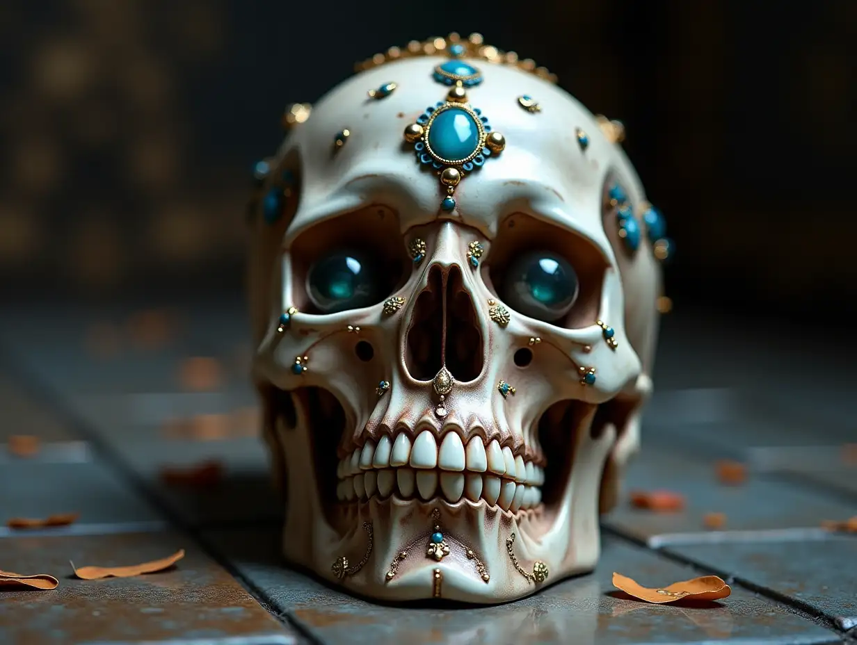 A very detailed image of a skull with glass eyes, porcelain with gold and blue ornaments and jewelry on the floor Mythological 4K resolution