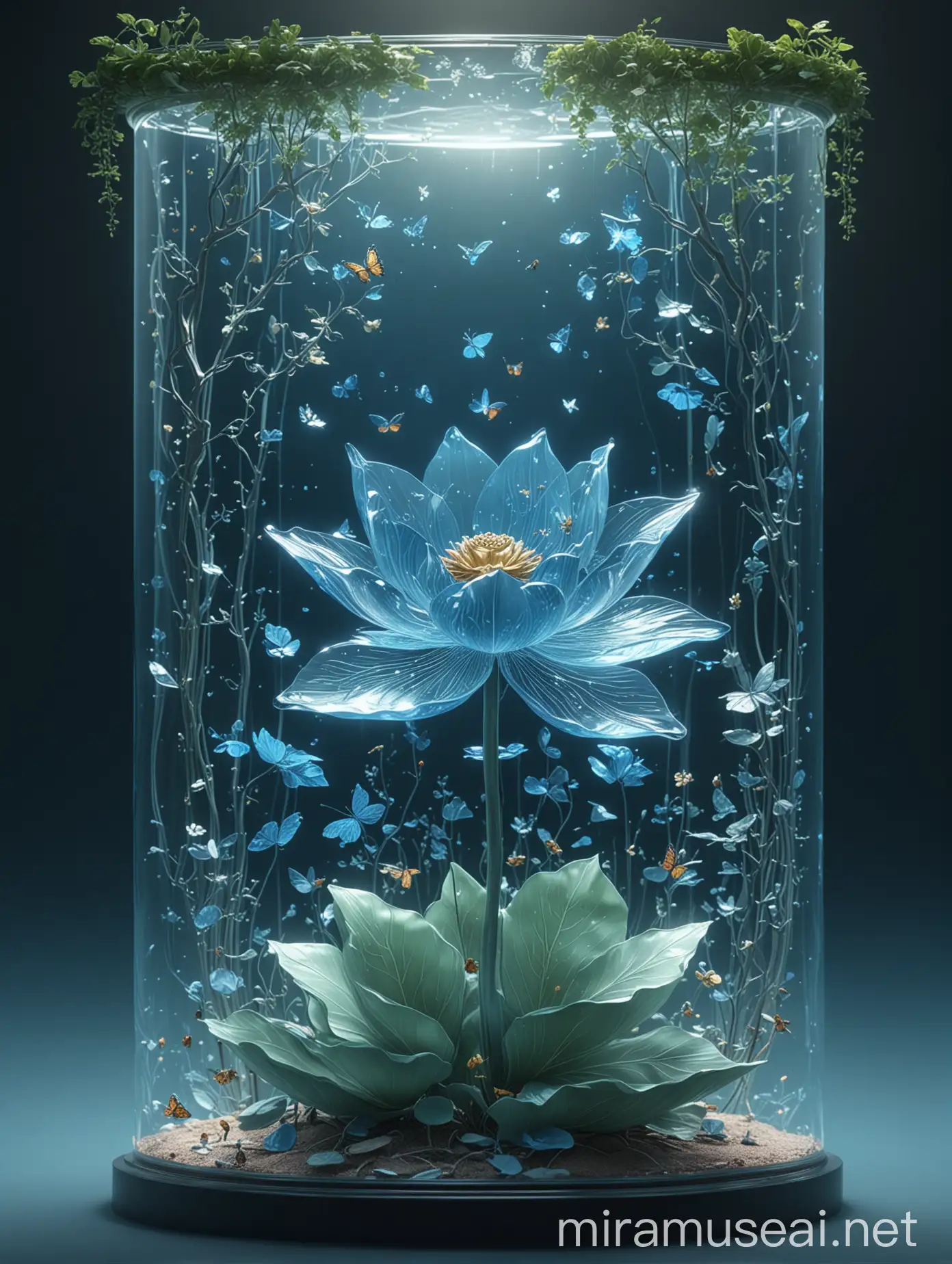 Ethereal Lotus in Glass Scroll with Butterfly Scenery