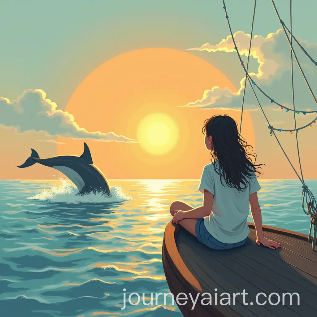 Girl-Sitting-on-a-Ship-with-Dolphin-Jumping-in-the-Ocean-at-Sunset