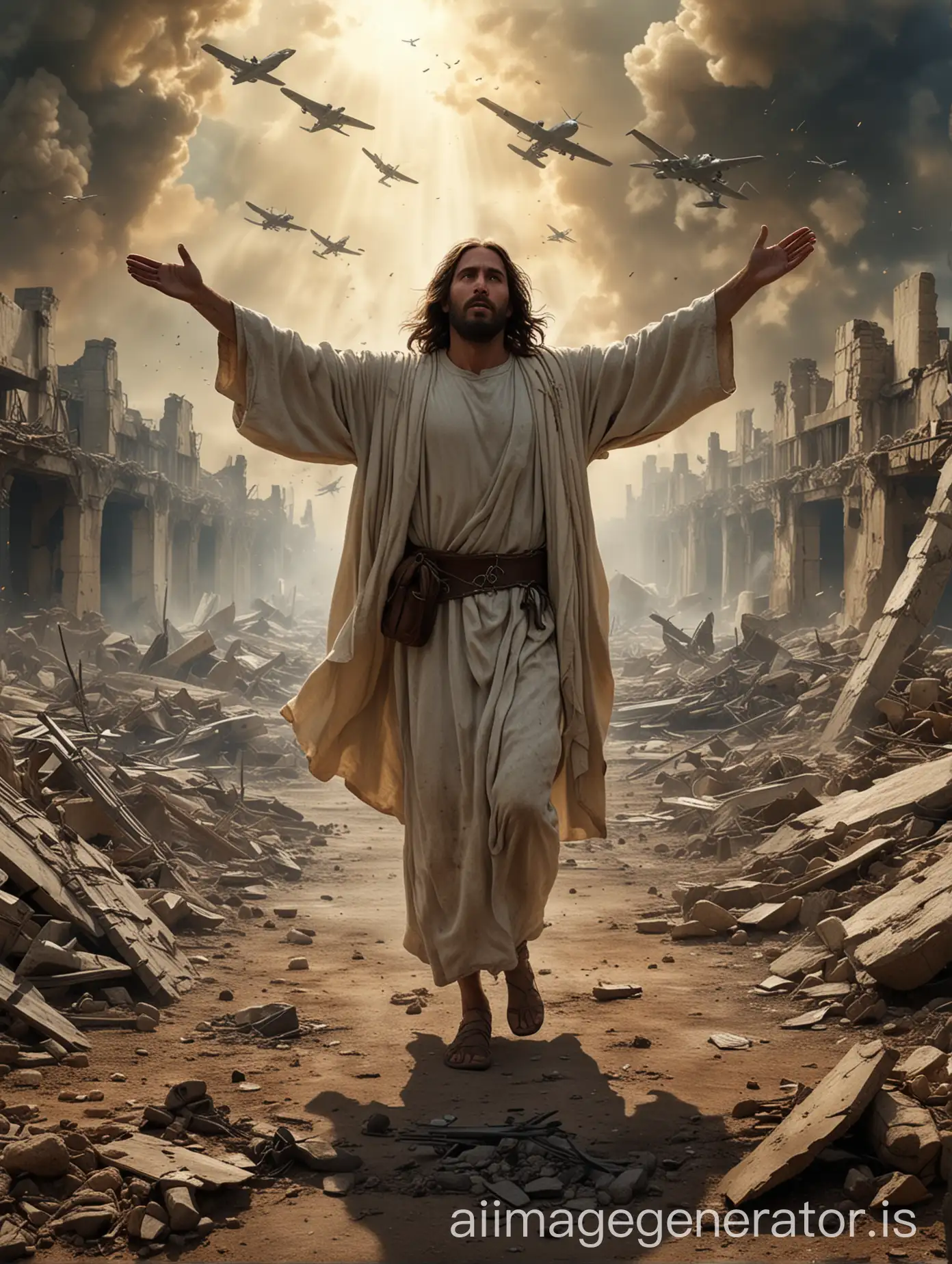 A hyper-realistic and dramatic scene of Jesus walking through a war-torn area in Israel. Jesus has a serene and compassionate expression, his robes flowing as he strides with purpose. Behind him are two angelic warriors, one male and one female, their ethereal armor gleaming and wings slightly spread. The sky above is chaotic, with planes bombing Israel while UFOs engage in aerial combat with the planes. The landscape reflects the devastation of war, with smoke, fire, and ruins contrasting the calm and divine presence of Jesus and his angelic companions. The overall scene should evoke a sense of epic, cinematic grandeur and intense emotion