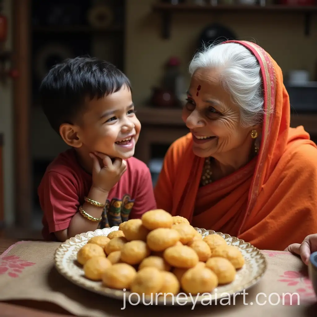 Young-Boy-Sharing-Laddus-with-Elderly-Woman-in-Cozy-Indian-Kitchen