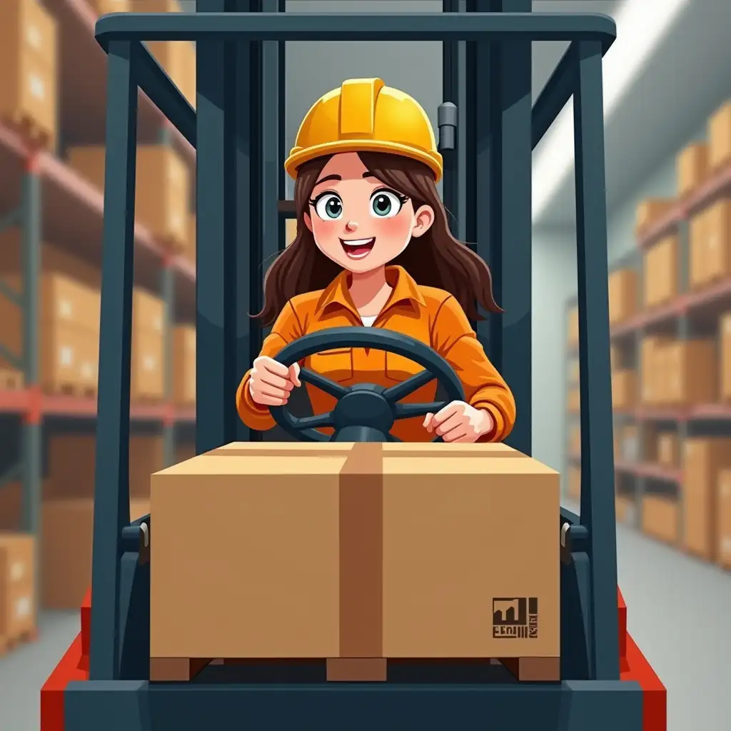 a warehouse fork lift is carrying a large box. Behind the wheel sits an animated female worker in a yellow helmet and orange coveralls, looking at us with a wide smile. Her hair is brown and long.