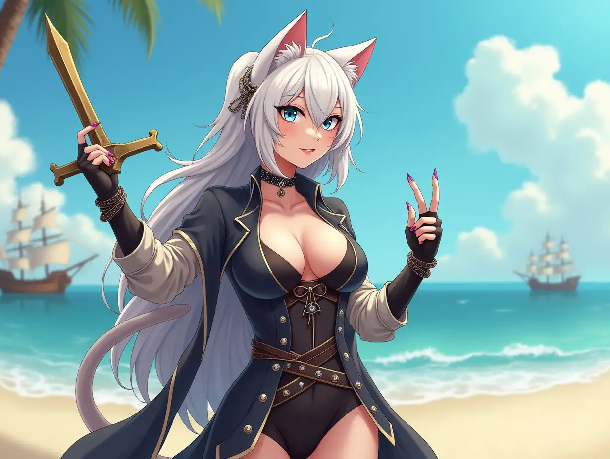 A mature adult feline/woman dressed as a pirate with a sword on a beach.  A pirate ship in the background. Her 30-something years are disguised by her youthful facial features, except for her subtle wrinkles around the eyes, extremely slender body. Her ample bosom strains against her clothing, threatening to burst free from the fabric, extreme cleavage.  Wearing black thigh high pirate boots. She has piercing blue cat eyes. A choker adorns her neck, a subtle hint at her feline nature. Her long, white hair cascades down her back like a wild waterfall, tangled and disheveled. Her cat-like teeth glint in the light, as her white fur-lined ears punctuate her visage with sparkling black and gold earring adorns each ear, adding a touch of elegance to her feline features. Cat whiskers on her face. The attached tail at the base of her spine stirs lazily.  Long fingernails. Full body view. Anime.