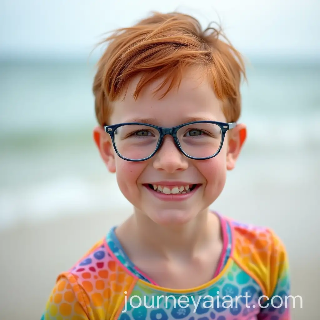 Smiling-Freckled-Redhead-Girl-in-Rainbow-Ombre-Rashguard-at-Beach