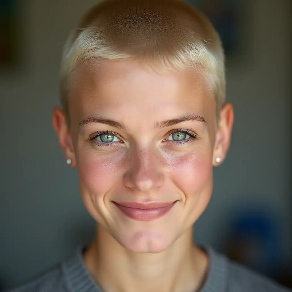 A pretty 23-year old girl with a blonde buzzcut and bulging blue eyes, smiling warmly