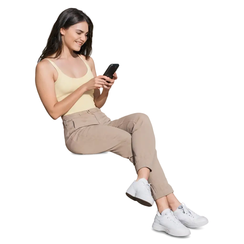 Smiling-Woman-Drinking-Mineral-Water-and-Scrolling-on-Phone-HighQuality-PNG-Image-for-Versatile-Use