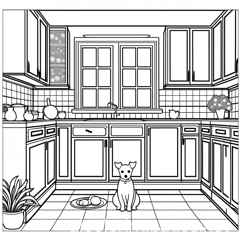 cute kitchen with a pet sitting on the floor, Coloring Page, black and white, line art, white background, Simplicity, Ample White Space. The background of the coloring page is plain white to make it easy for young children to color within the lines. The outlines of all the subjects are easy to distinguish, making it simple for kids to color without too much difficulty