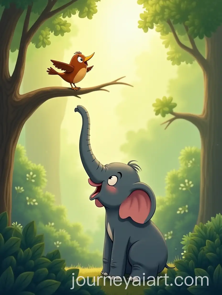 Encouraging-Elephant-and-Nervous-Bird-in-a-Lush-Jungle