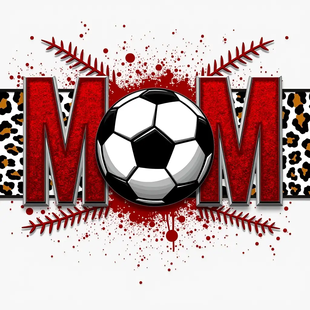 A vibrant sports-themed design featuring bold red glittery 'MOM' text with a soccer ball in the center. The background combines leopard print, red glitter, and white distressed textures. Baseball stitching curves along the sides, with hexagonal soccer patterns blending into the edges for a dynamic, sporty look.