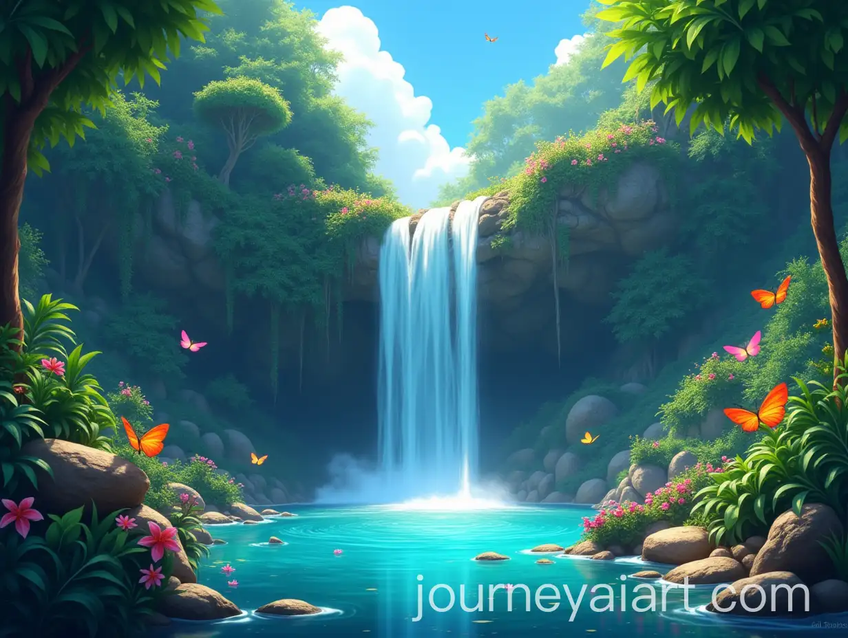 Vibrant-Jungle-Landscape-with-Waterfall-and-Butterflies