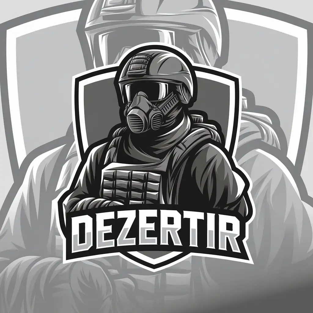 a vector logo design,with the text "DEZERTIR", main symbol:a soldier in a helmet with full equipment and ballistic mask,Moderate,clear background