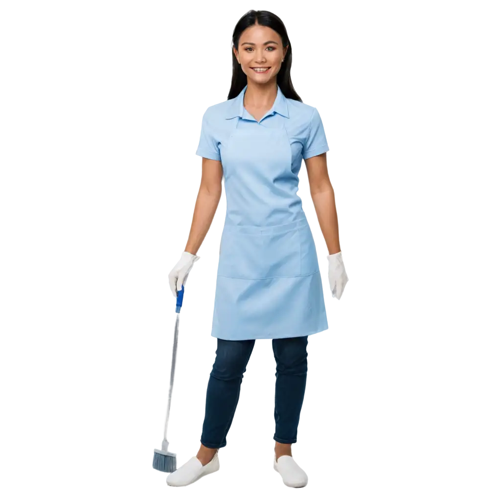 Create an image of a filipina cleaning staff wearing blue shirt and light blue apron smiling.