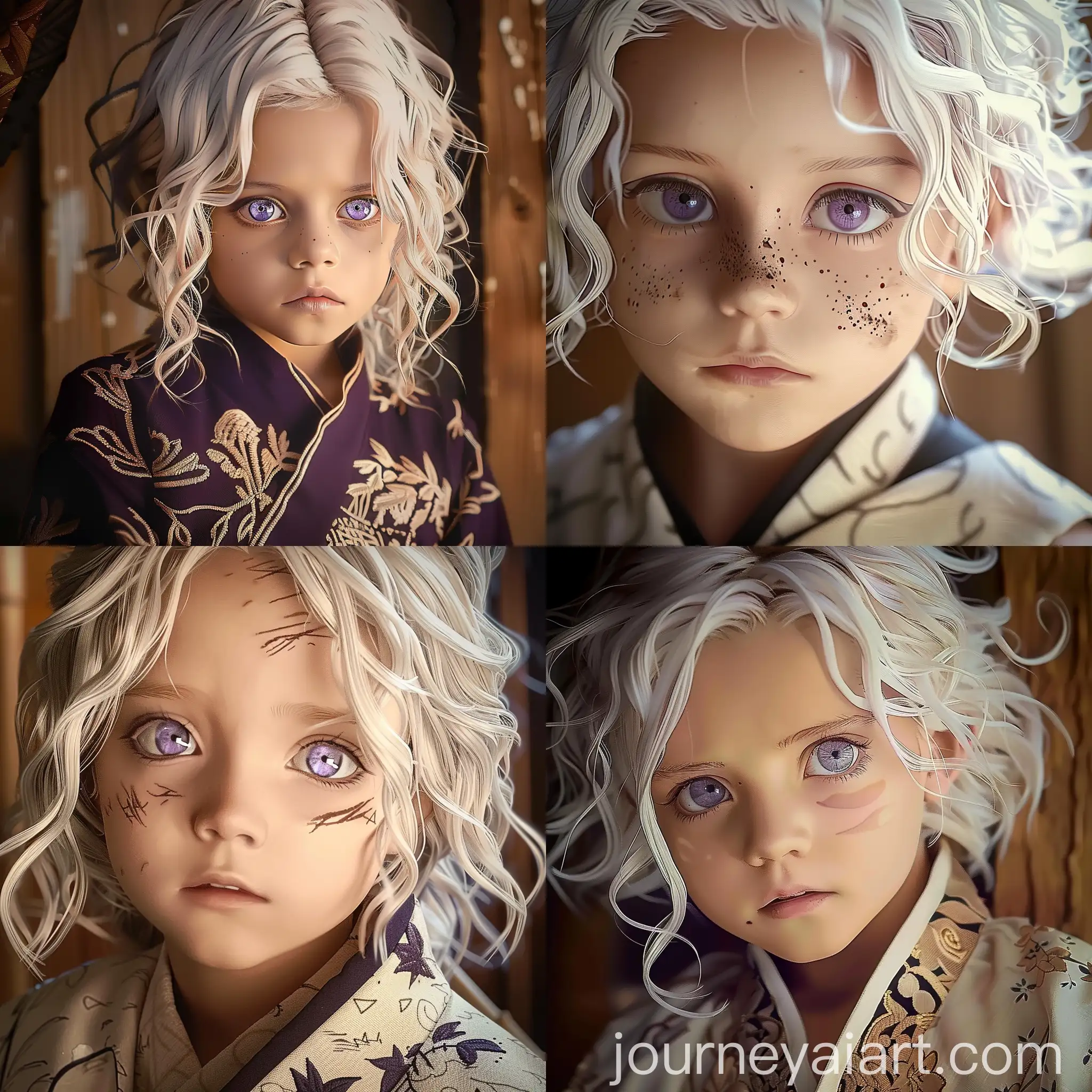 Adorable-Little-Girl-with-White-Hair-and-Purple-Eyes-Standing-by-Round-House