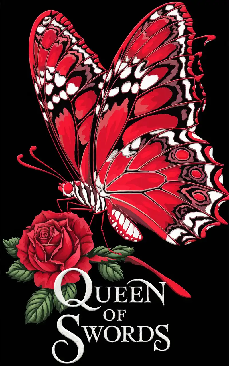 Intricate Red Butterfly Design with Queen of Swords Theme