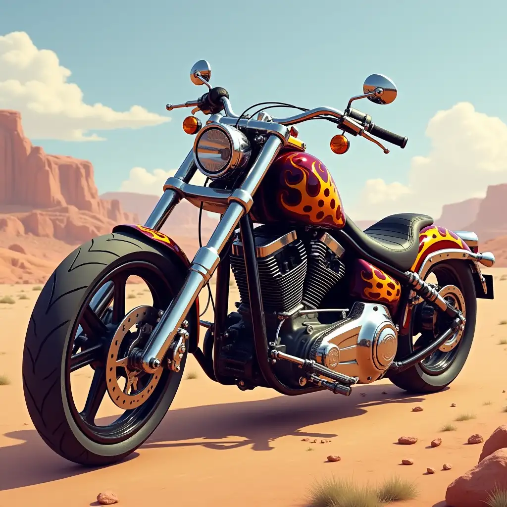 Creating a digital painting of a powerful, robust chopper motorcycle with intricate flame paint job in front of a desert landscape and photo-realistic attention to detail in parts and lighting.