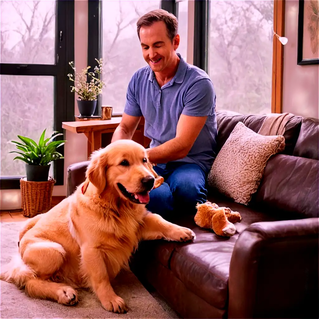 A kind-looking man in his mid-30s, wearing a casual shirt and jeans, is gently brushing the fur of his happy golden retriever in a cozy living room. The room is filled with warm, natural light streaming through a large window, highlighting the bond between the man and his pet. There are a few pet toys scattered around, and a comfortable couch with a soft blanket in the background, adding to the homely atmosphere.