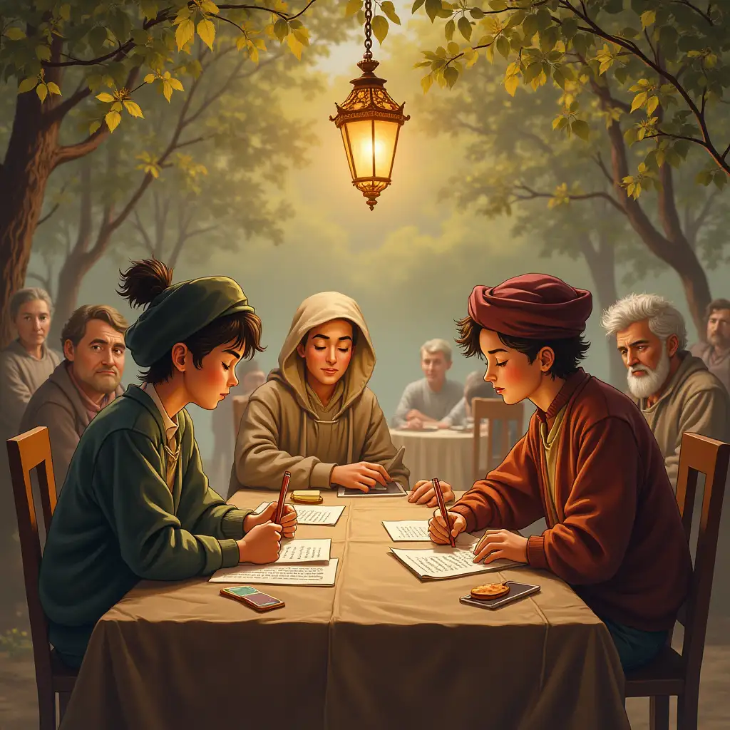 An image of characters sitting at a table on the theme of Popularization of works by poets of their homeland