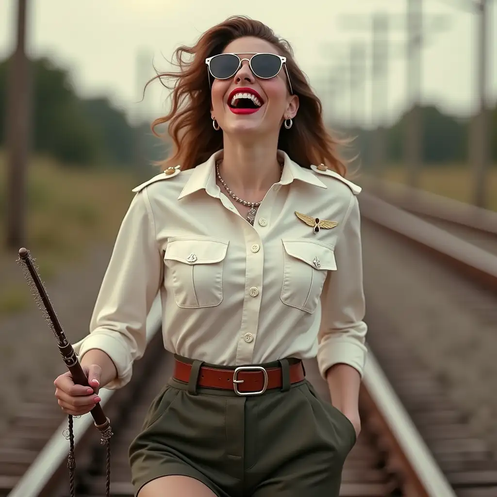 pinup lady, wearing an white button-down  ww2 army shirt, laughing with her mouth open, red lipstick accentuating her smile, accessorized with a stylish belt, holding a leather whip, jewerly, white skin, big wide hips, chest are fully grown, pilot sunglasses, two european lady walking on rails,