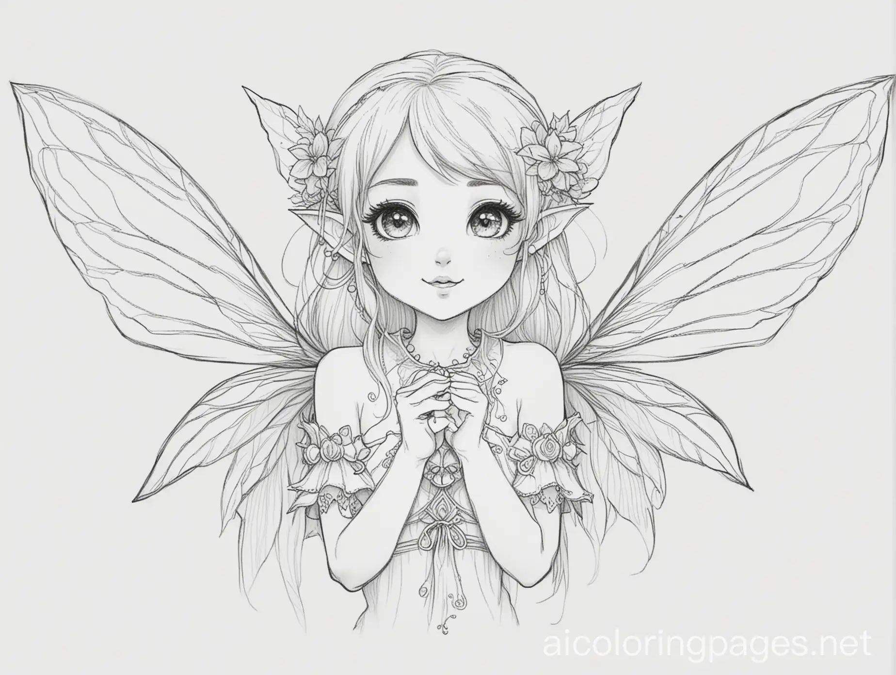 Anime-Cute-Elf-Fairy-Coloring-Page-in-Line-Art-Style-on-White-Background