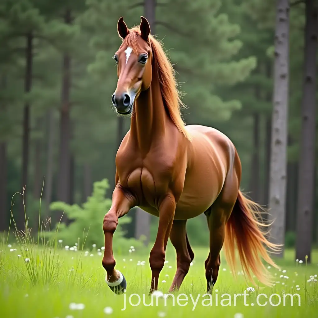 AI-Image-Prompt-ExpansionBay-Chestnut-Horse-Grazing-on-Green-Grass-in-a-Pine-Forest-Glade