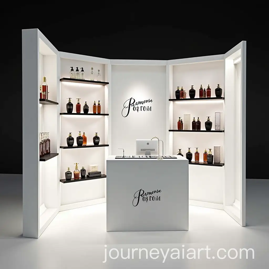 Elegant-White-and-Black-Perfume-Booth-Design-with-Creative-Reception-Table-and-Display-Shelves