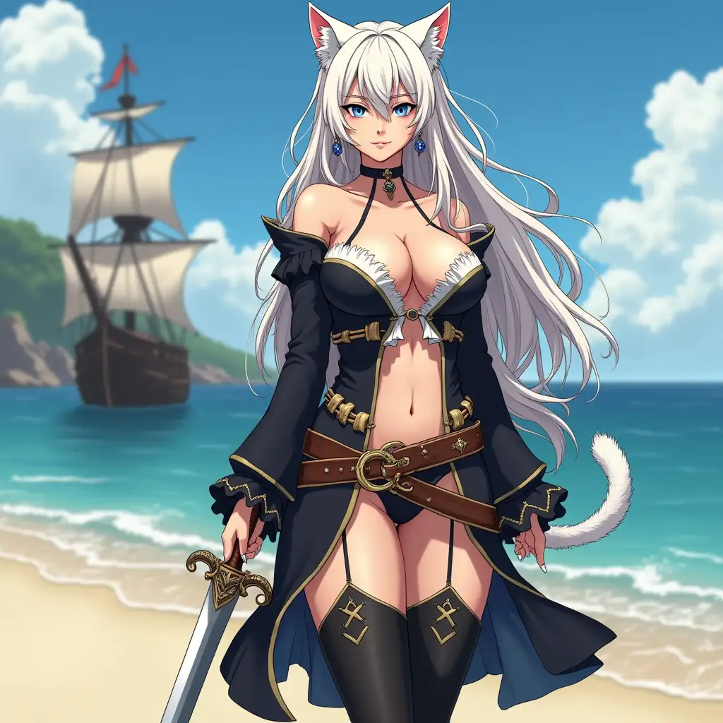 A mature adult tall feline/woman dressed as a pirate with a sword on a beach. A pirate ship in the background. Her 30-something years are disguised by her youthful facial features, except for her subtle wrinkles around the eyes, extremely slender body. Her ample bosom strains against her clothing, threatening to burst free from the fabric, extreme cleavage. Midriff. Wearing black thigh high pirate boots. She has piercing blue cat eyes. A choker adorns her neck, a subtle hint at her feline nature. Her long, white hair cascades down her back like a wild waterfall, tangled and disheveled. Her cat-like teeth glint in the light, as her white fur-lined ears punctuate her visage with sparkling black and gold earring adorns each ear, adding a touch of elegance to her feline features. Cat whiskers on her face. The attached tail at the base of her spine stirs lazily. Long fingernails. Full body view. Anime.