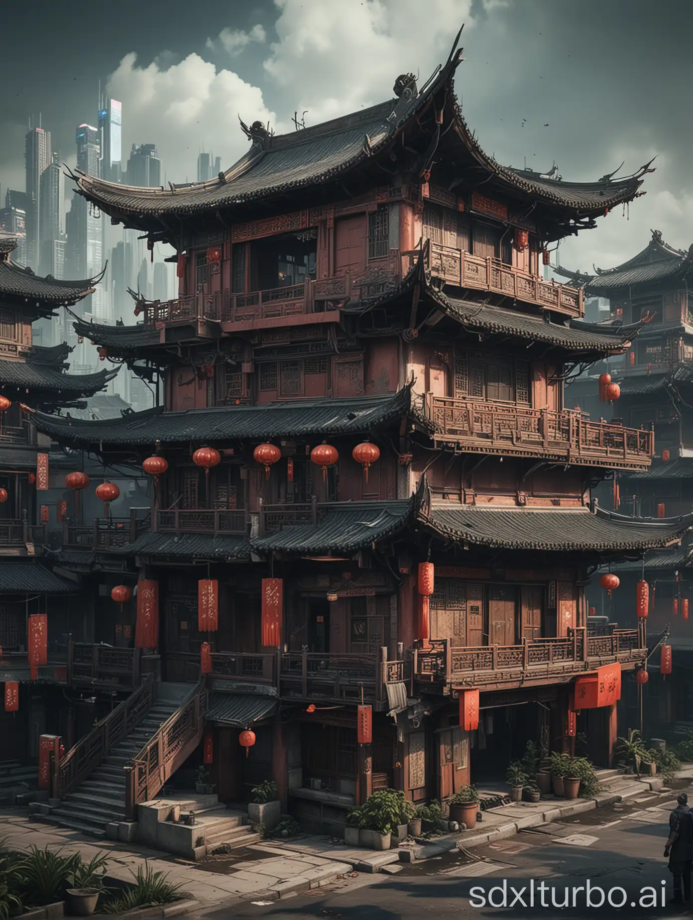 cyberpunk theme traditional chinese houses