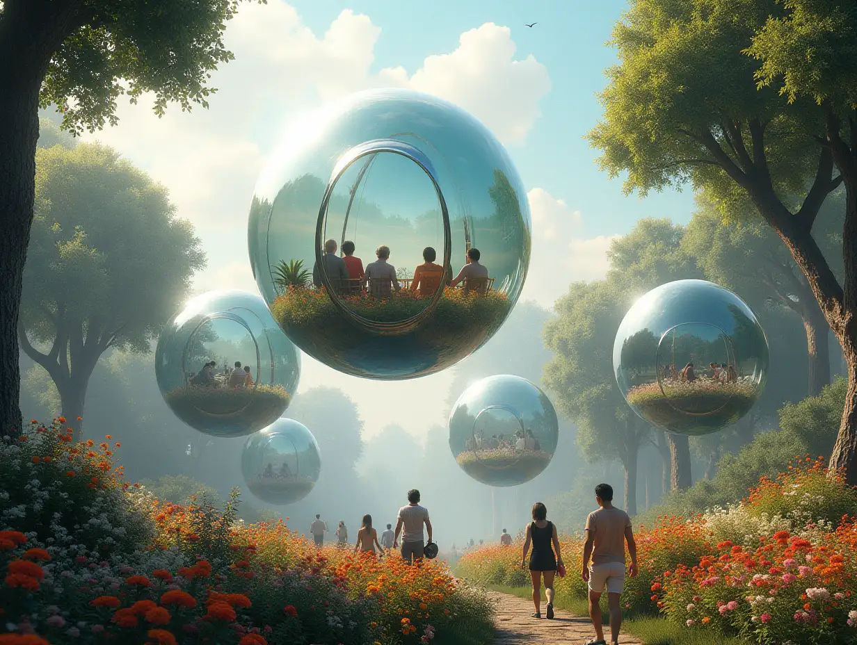 Detailed hyperrealistic portrait of 5 flying large glass spheres with seating areas, people sitting and passing by many trees and many colorful flowers and plants below Texture, surfaces and lighting to give depth, dimension and a vibrant photorealistic appearance.