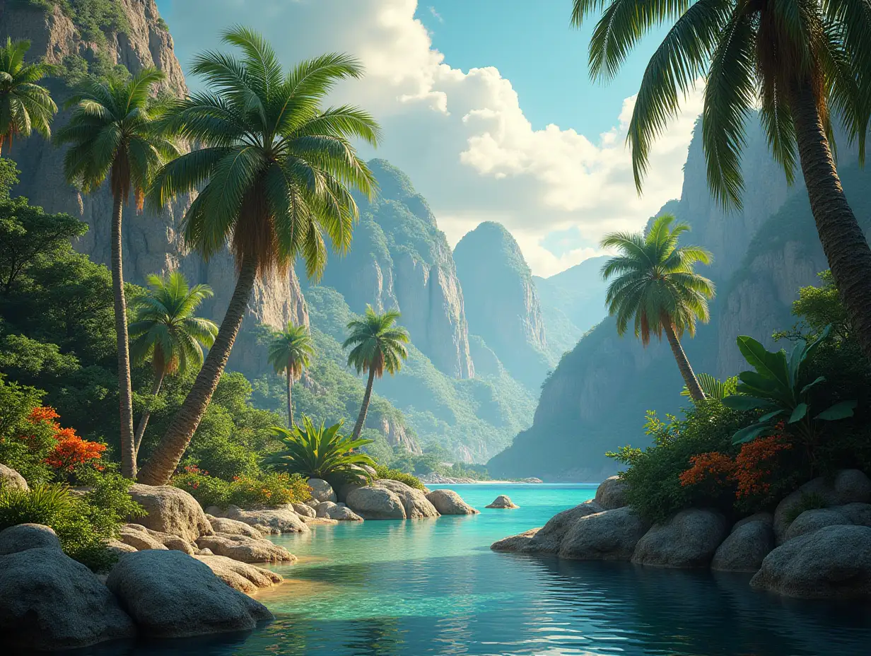 Create for me a photorealistic image of Paradise on another planet with Exotic Fruit Trees