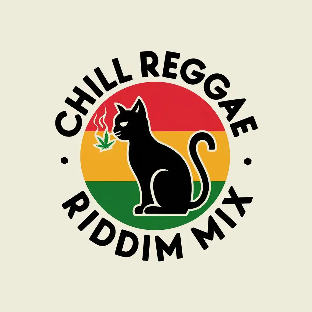 LOGO Design for Chill Reggae Riddim Mix Black Cat Smoking Marijuana with Rasta Color Theme