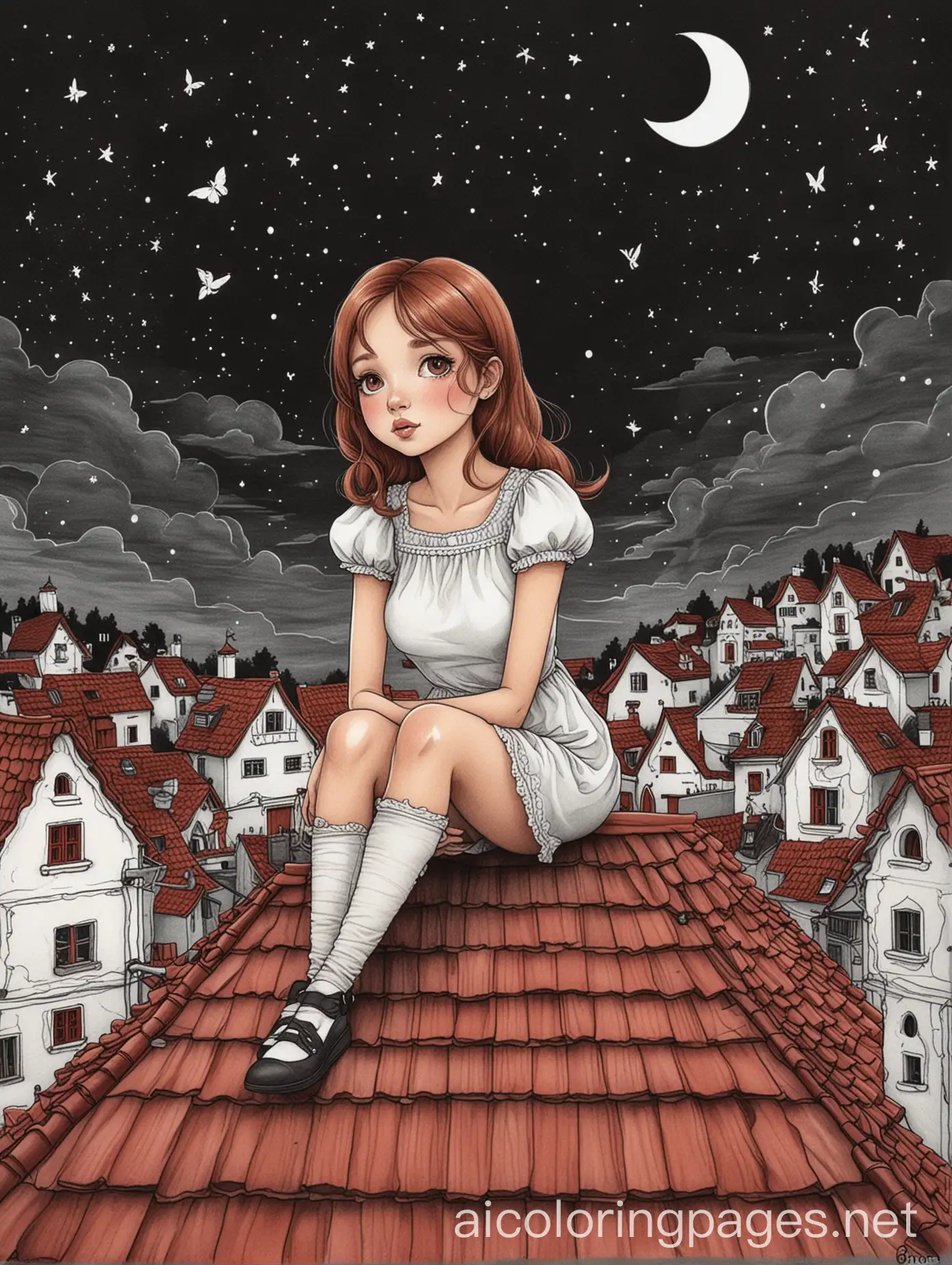 Dreamy-Illustration-of-Dolllike-Girl-on-Red-Roof-with-Small-Dark-Houses-at-Night