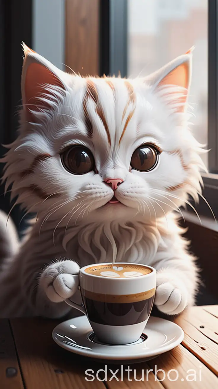 A cute cat that it's drinking coffee