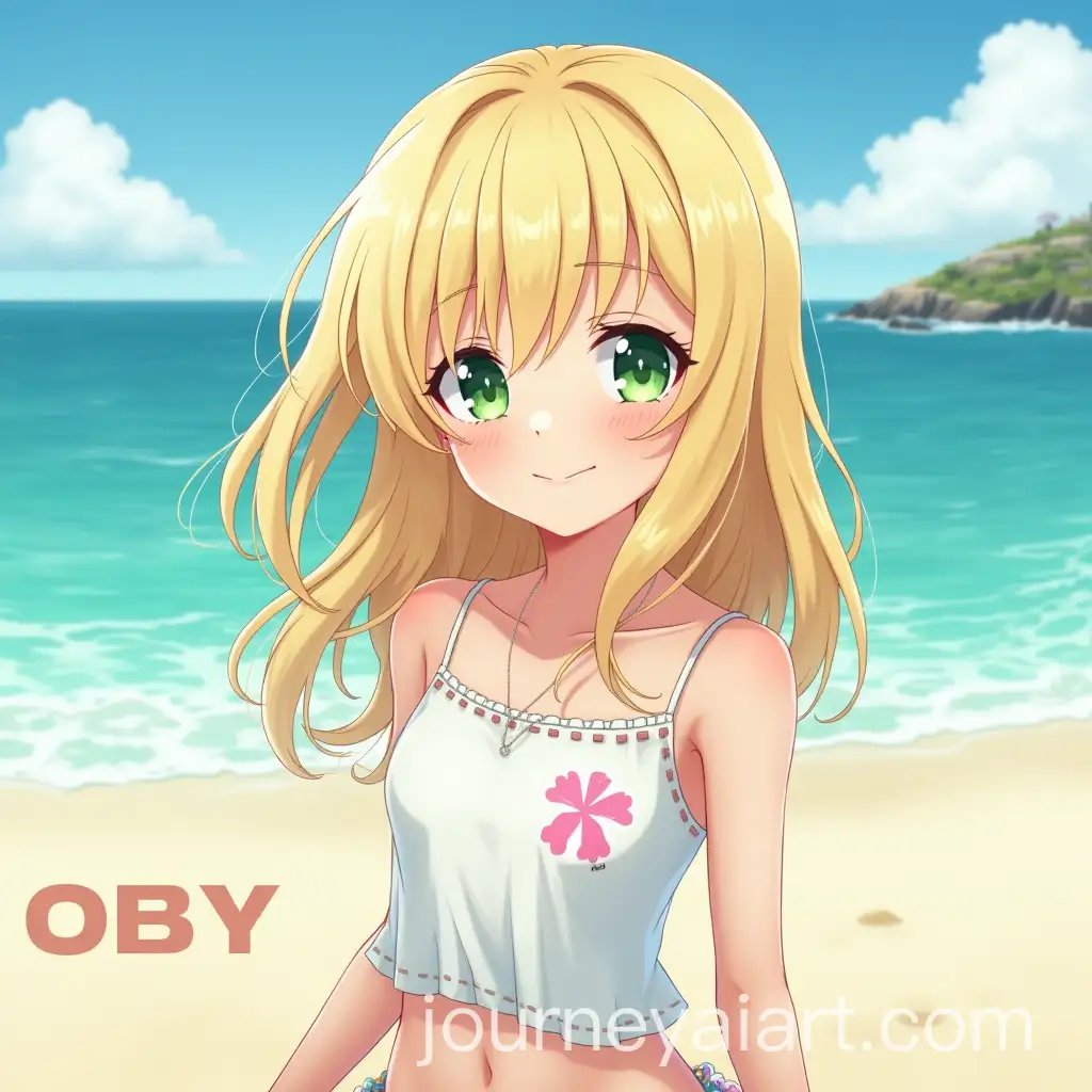 Anime-Style-Poster-of-a-Girl-with-Blonde-Hair-and-Green-Eyes-Smiling-on-the-Beach