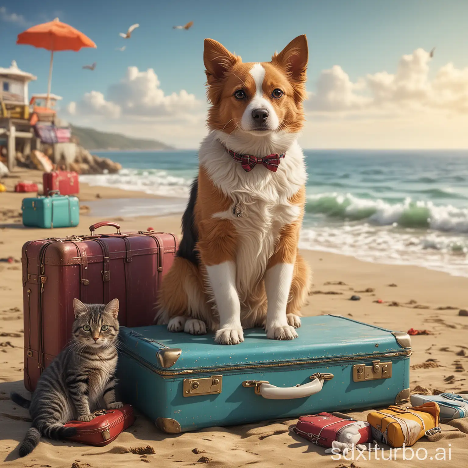 Dog-and-Cat-Vacation-with-Colorful-Suitcases-on-Beach