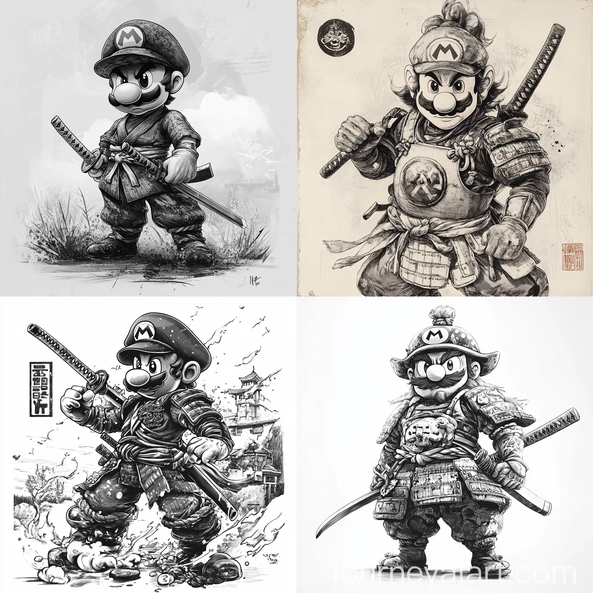 Black-and-White-Mario-Samurai-Artwork