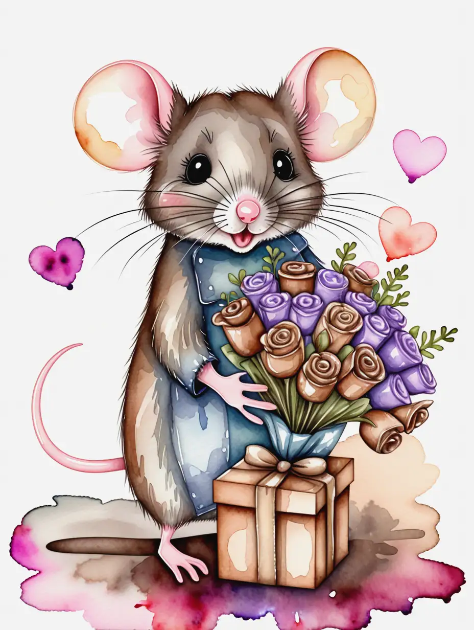 Adorable Mouse Holding Chocolates and Flowers in a LoveThemed Illustration