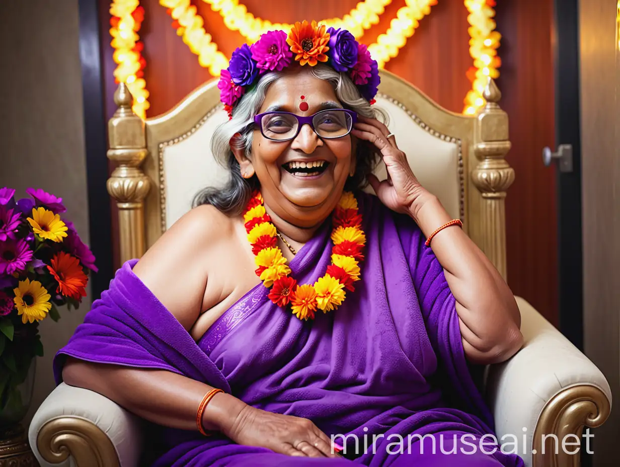 Joyful Indian Hindu Woman Monk 75 on Luxurious Throne in Marriage Hall