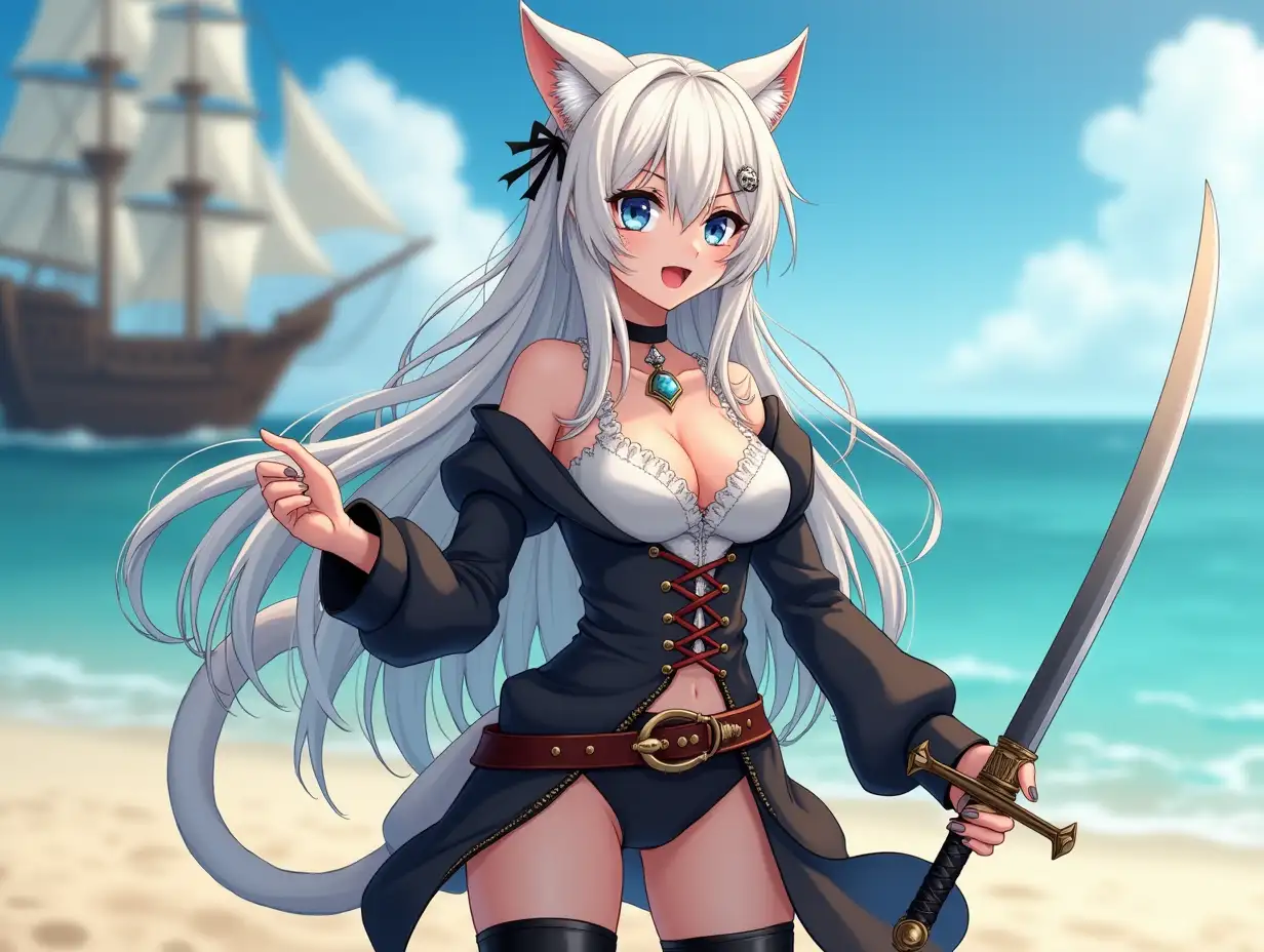 A mature adult feline/woman dressed as a pirate with a sword on a beach.  A pirate ship in the background. Her 30-something years are disguised by her youthful facial features, except for her subtle wrinkles around the eyes, extremely slender body. Her ample bosom strains against her clothing, threatening to burst free from the fabric, extreme cleavage.  Wearing black thigh high pirate boots. She has piercing blue cat eyes. A choker adorns her neck, a subtle hint at her feline nature. Her long, white hair cascades down her back like a wild waterfall, tangled and disheveled. Her cat-like teeth glint in the light, as her white fur-lined ears punctuate her visage with sparkling black and gold earring adorns each ear, adding a touch of elegance to her feline features. Cat whiskers on her face. The attached tail at the base of her spine stirs lazily.  Long fingernails. Full body view. Anime.