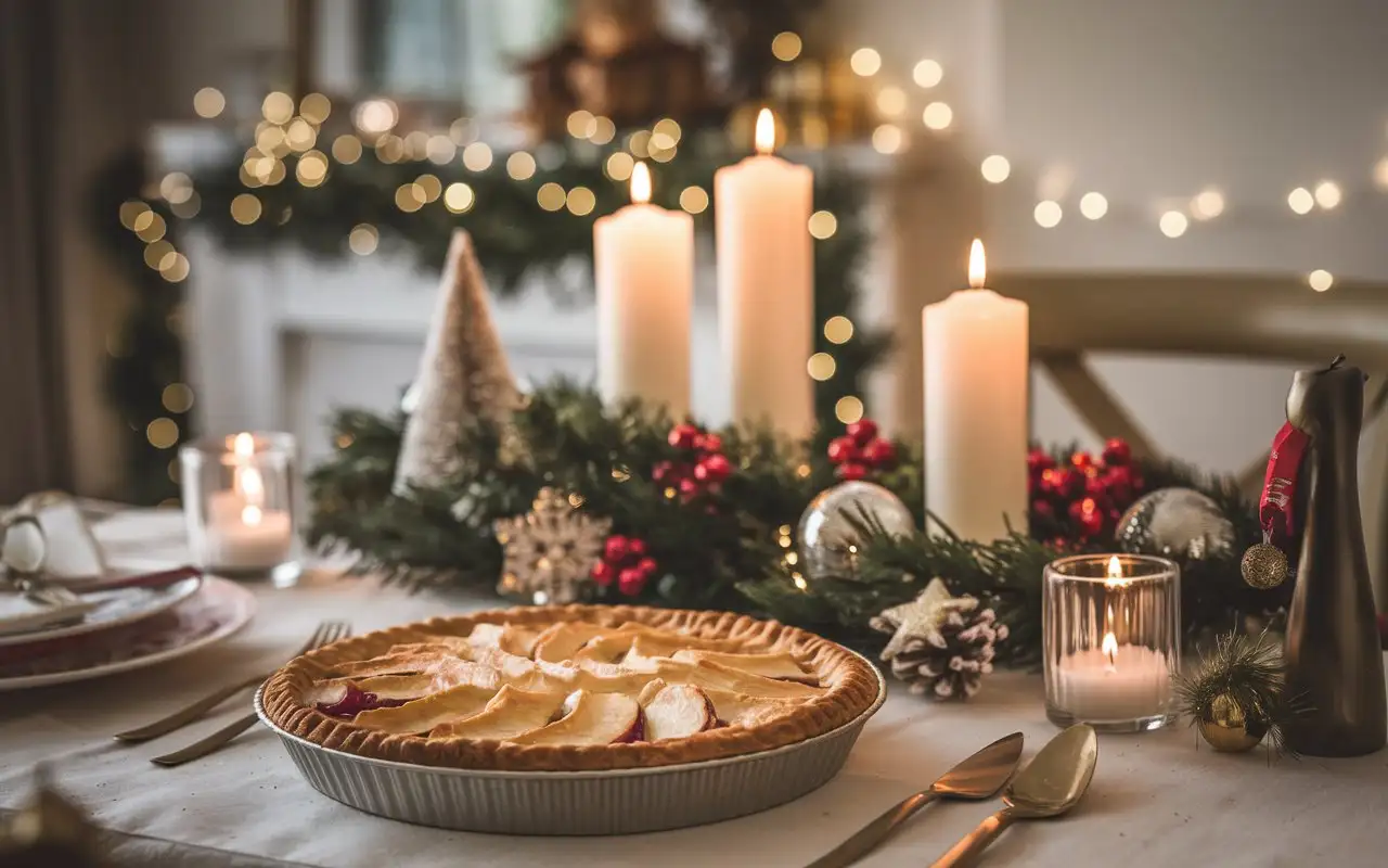 Christmas pear pie, on the table with New Year's attributes and candles