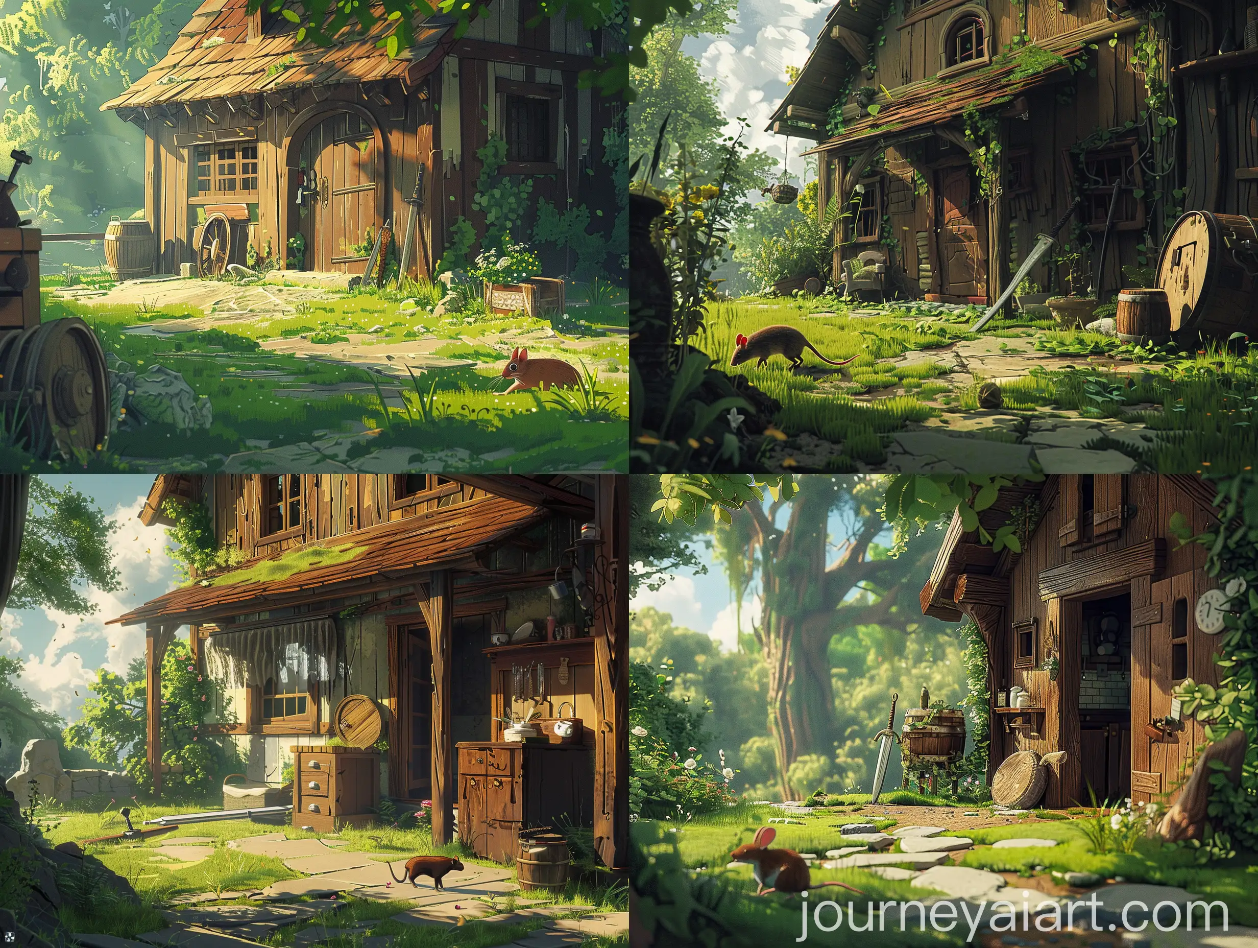 Ghibli-Style-Abandoned-Kitchen-Scene-with-Mouse-and-Sword