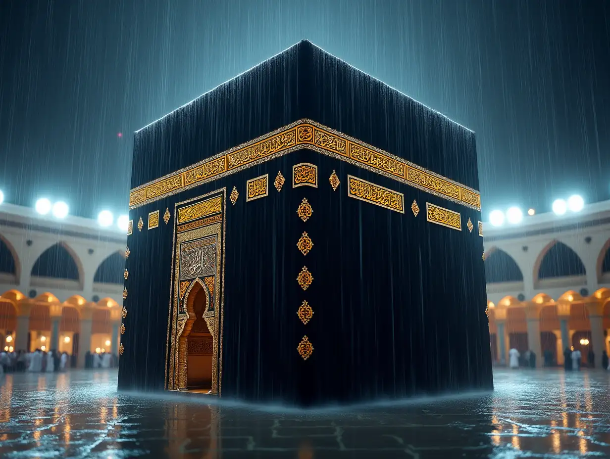 image of rain pouring on kaaba house with  'I bear witness that there is no deity but Allah' written in calligraphy style on one of the Kaaba's faces