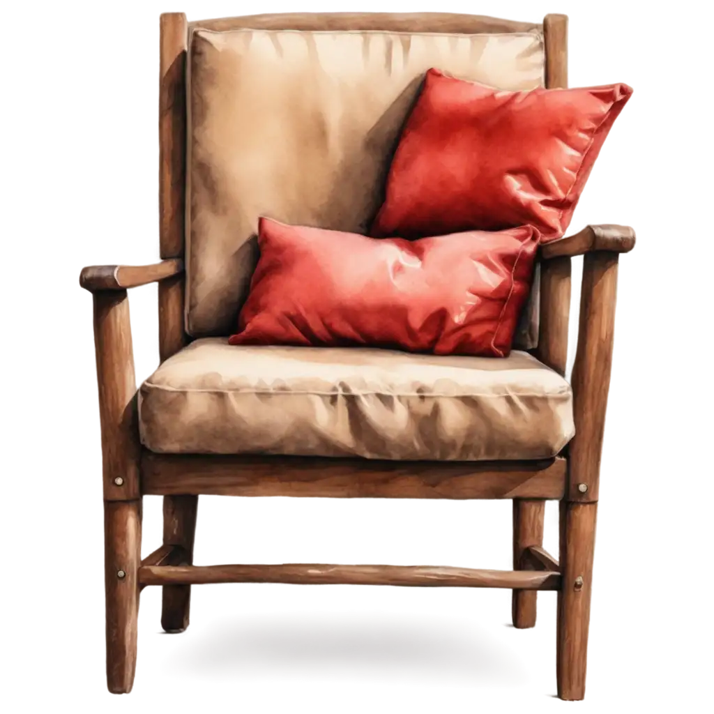 Watercolor-PNG-of-Rustic-Wooden-Armchair-with-Red-Cushions-Perfect-for-Cozy-Interior-Design-Concepts