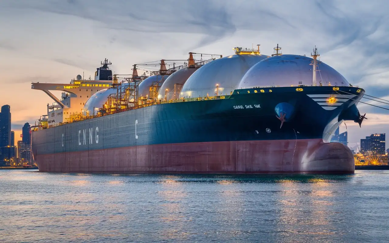 Massive LNG Carrier Ship in Evening Light