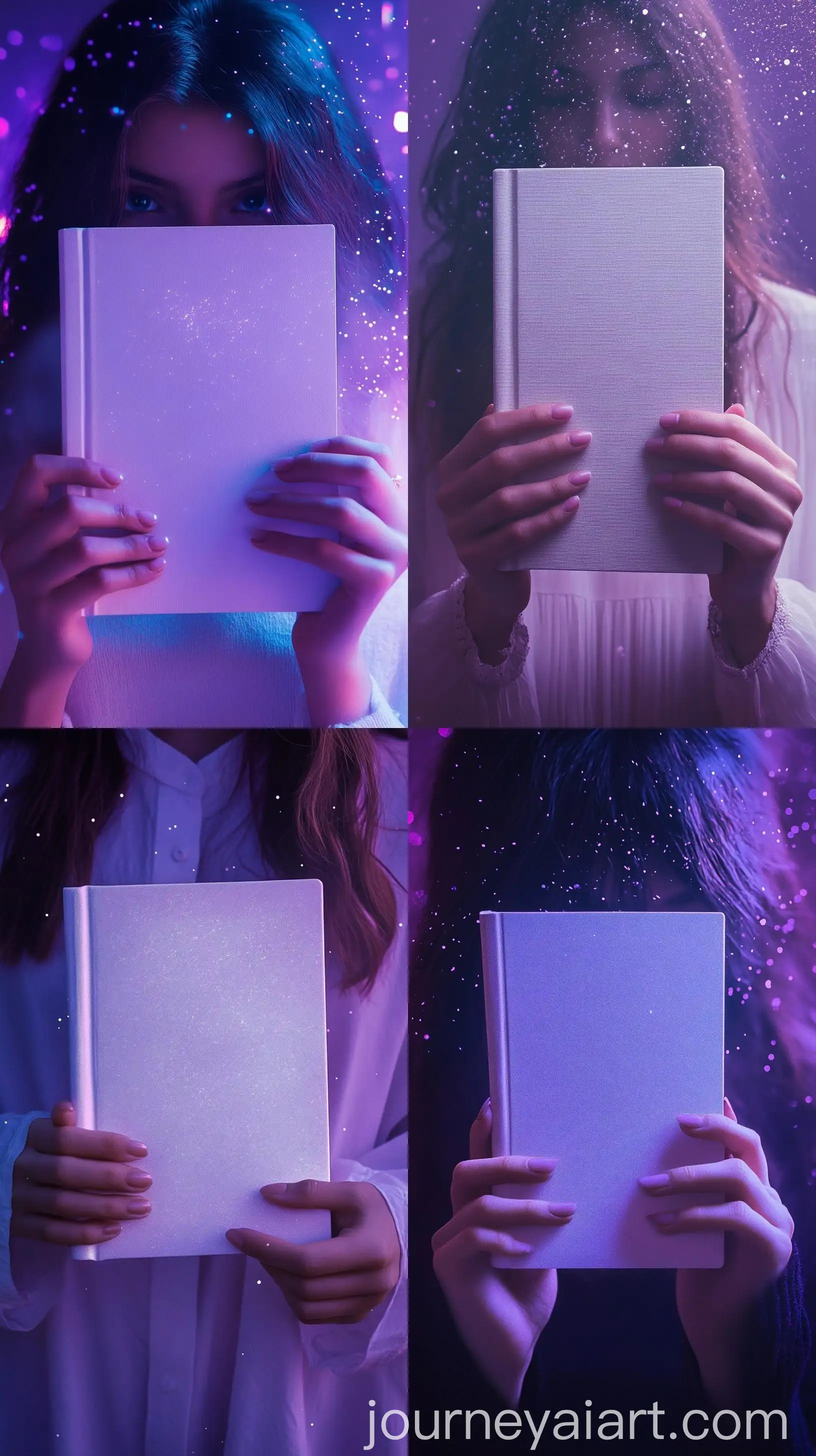 Woman-Holding-WhiteCovered-Book-in-Magical-Purple-Background