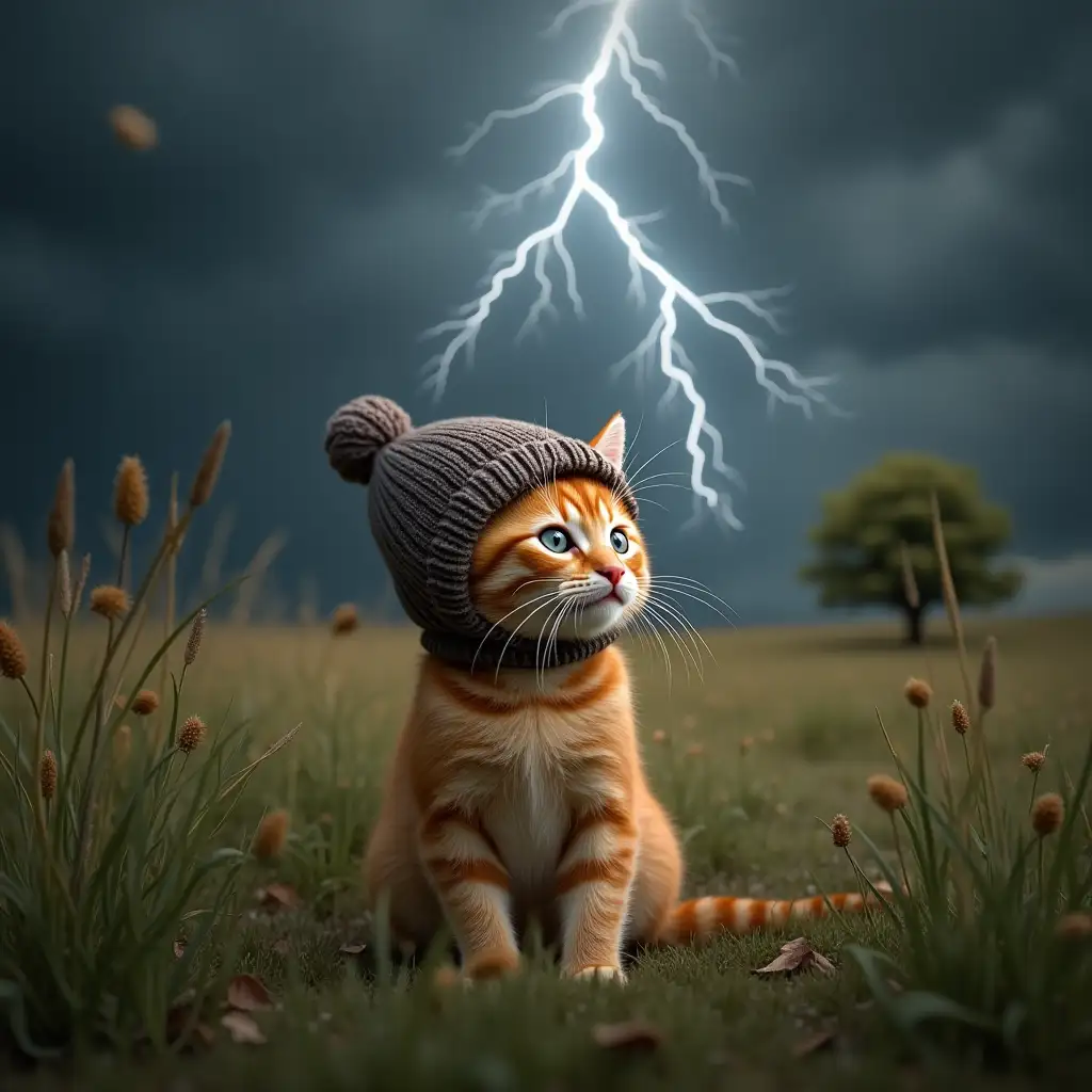 ginger nice real kitten in knitted hat sitting in the field among grass. above storm and thunder and wind, and leaves and grass fly by, there is a tree that was struck by lightning, and lightning goes from sky to tree