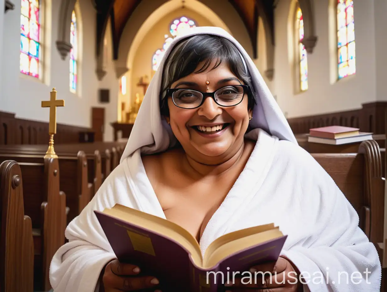 Mature Indian Nun with Holy Books in Luxurious Church