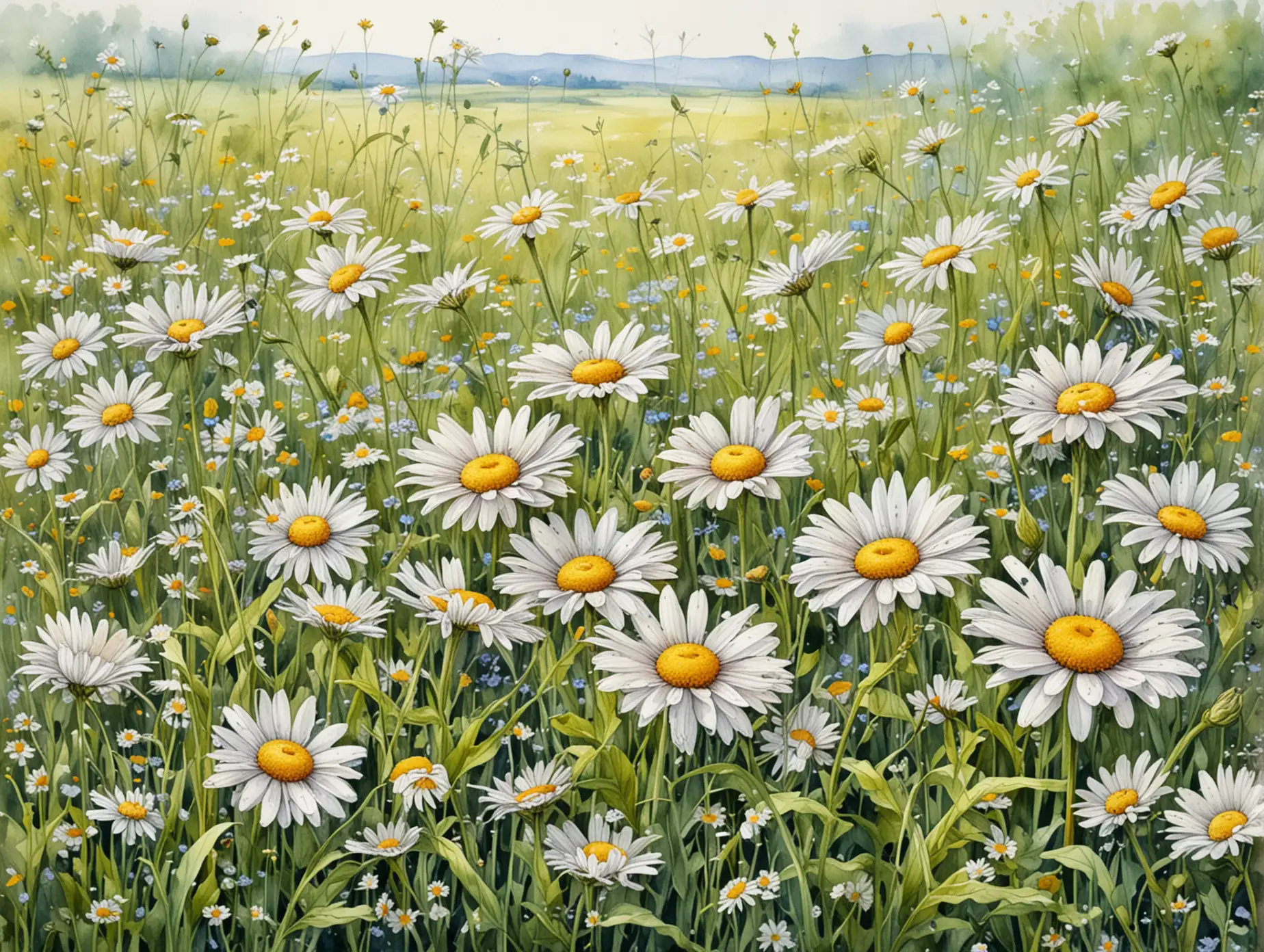 spring field of flowers, daisies, watercolor drawing, detailed drawing, high quality